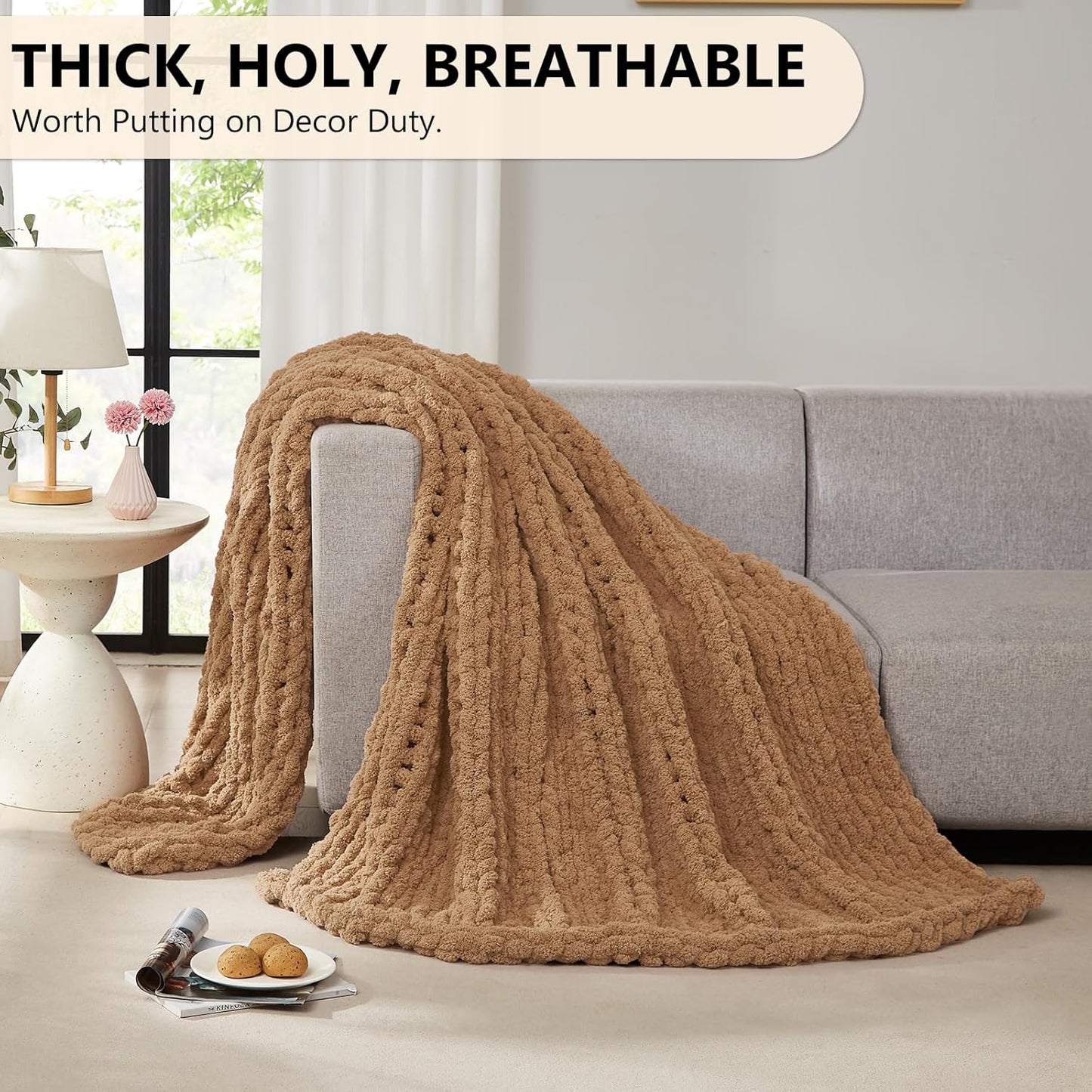 L'AGRATY Chunky Knit Blanket Throw: 72''x84'' Chenille Chunky Knitted Throw Blankets for Bed Couch