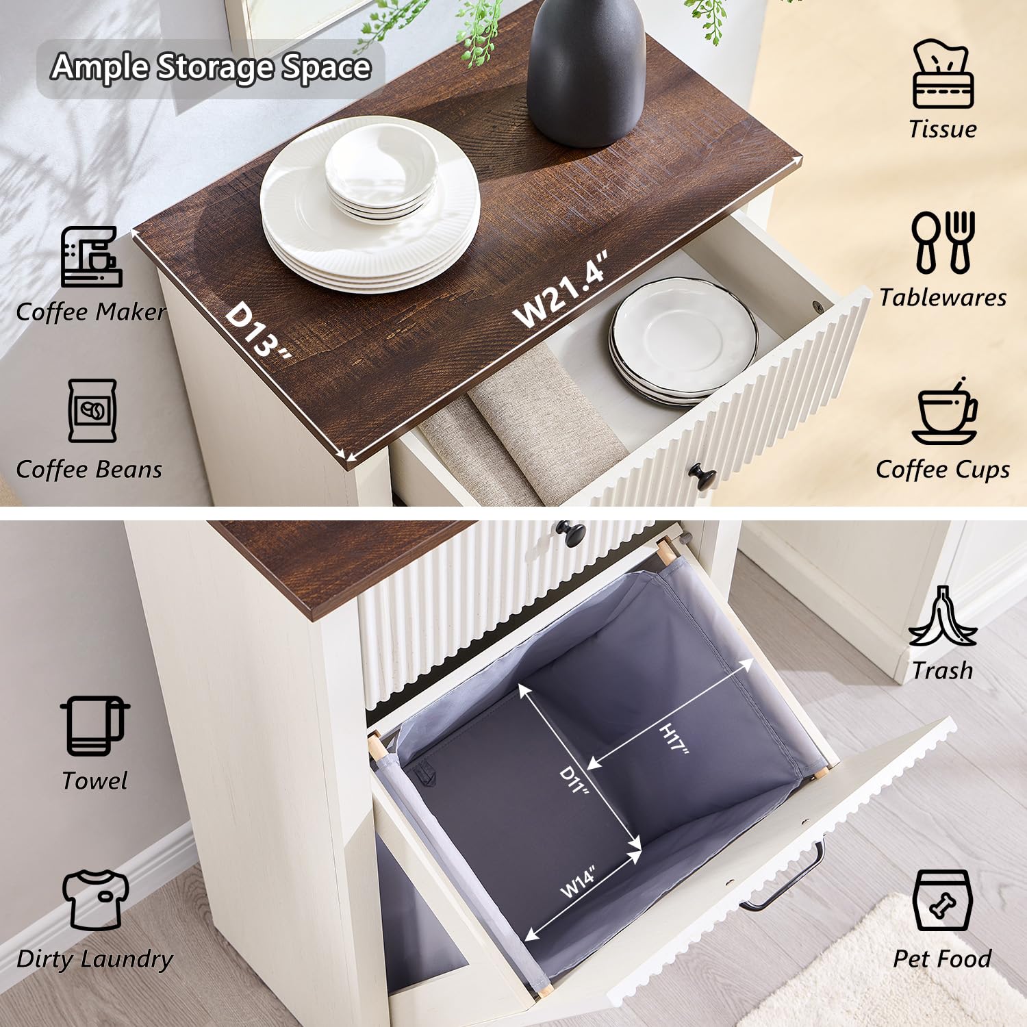 Modern Tilt-Out Trash Can Cabinet, 10 Gallon Fluted Laundry Hamper Cabinet with Drawers, Wooden