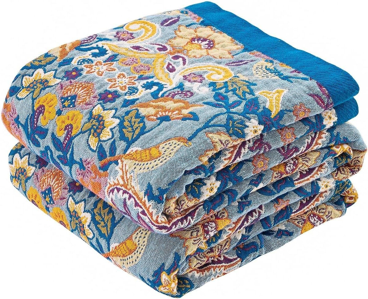 Boho Throw Blanket for Bed, 100% Cotton Soft Rustic Quilt Fall Blanket, 50"x60" Floral Printed