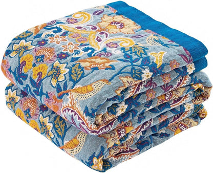 Boho Throw Blanket for Bed, 100% Cotton Soft Rustic Quilt Fall Blanket, 90"x98" Floral Printed