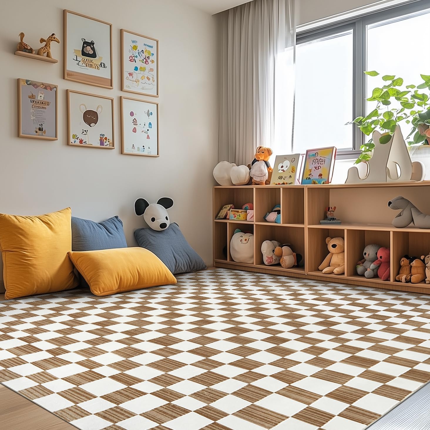 jinchan 8x10 Brown Checkered Area Rugs for Kids Room - Machine Washable Rug Modern Neutral