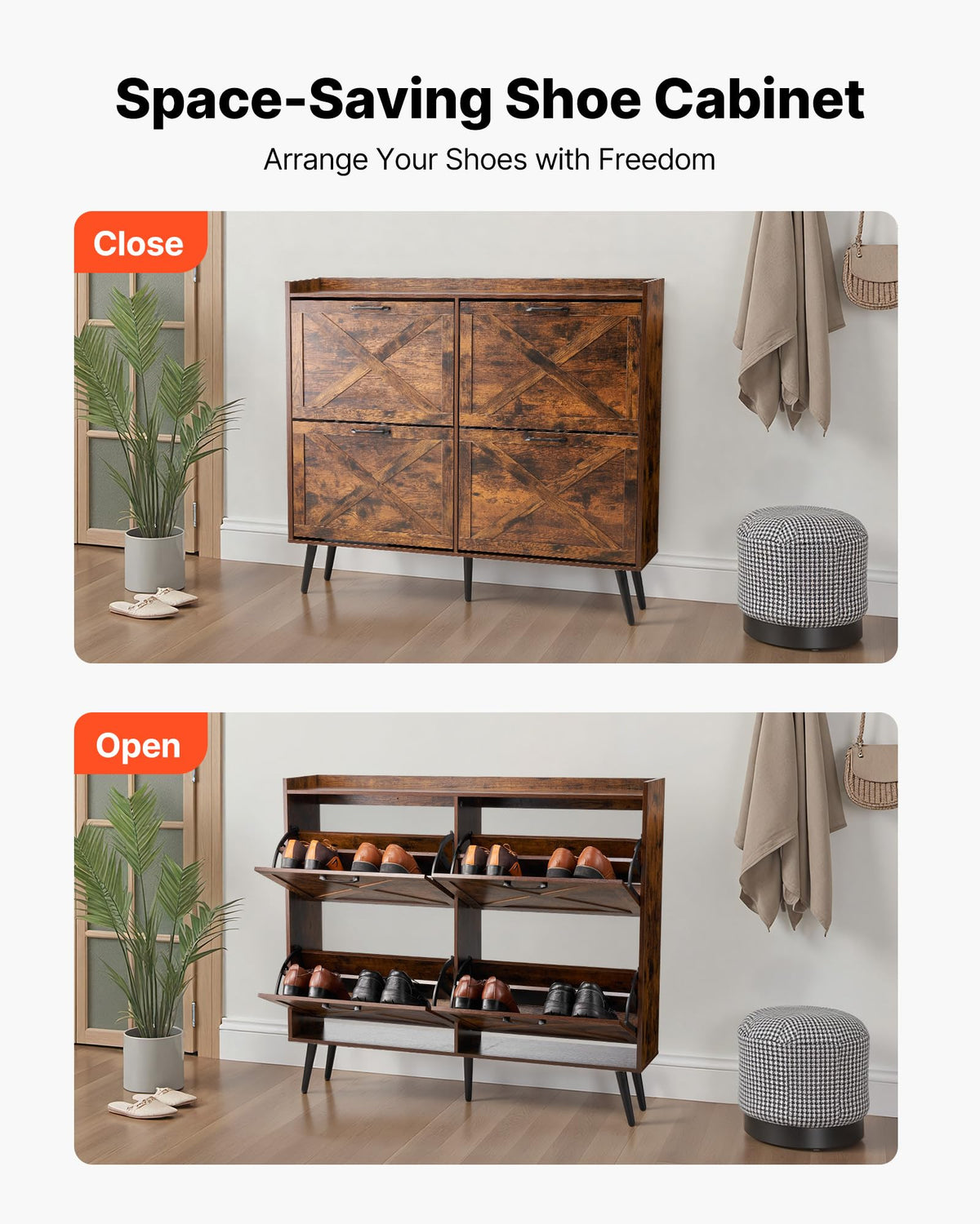 VEVOR Shoe Cabinet with 4 Flip Drawers, Farmhouse Shoes Storage Cabinet with Wood Legs and