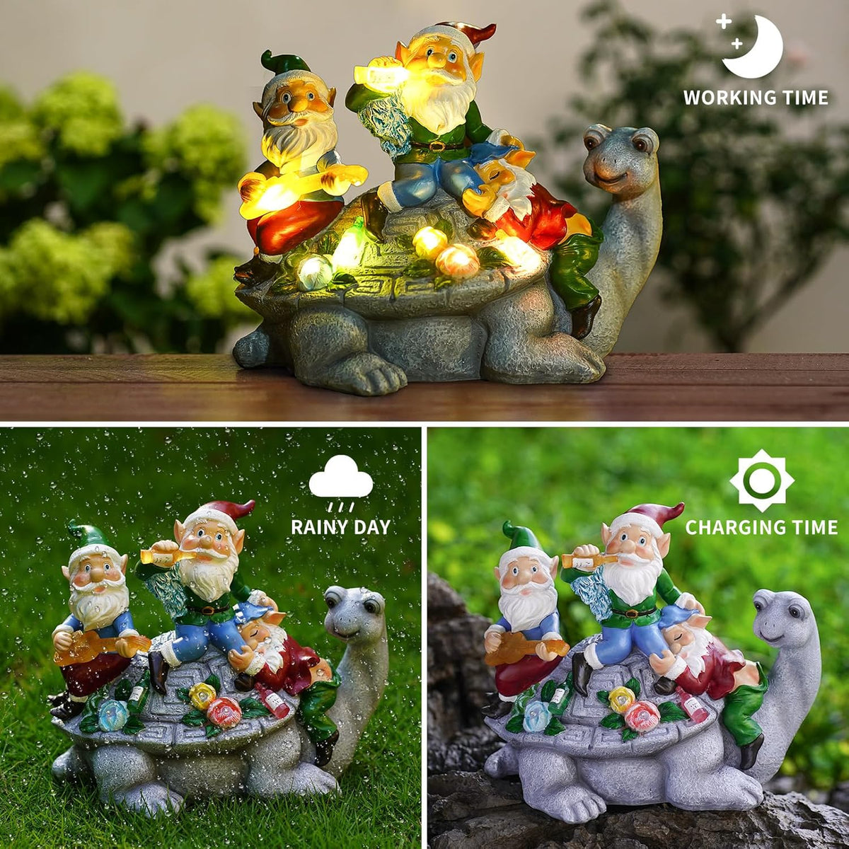 Upgraded Size Solar Garden Outdoor Statues Three Gnomes having party on turtle with 7 LED Solar