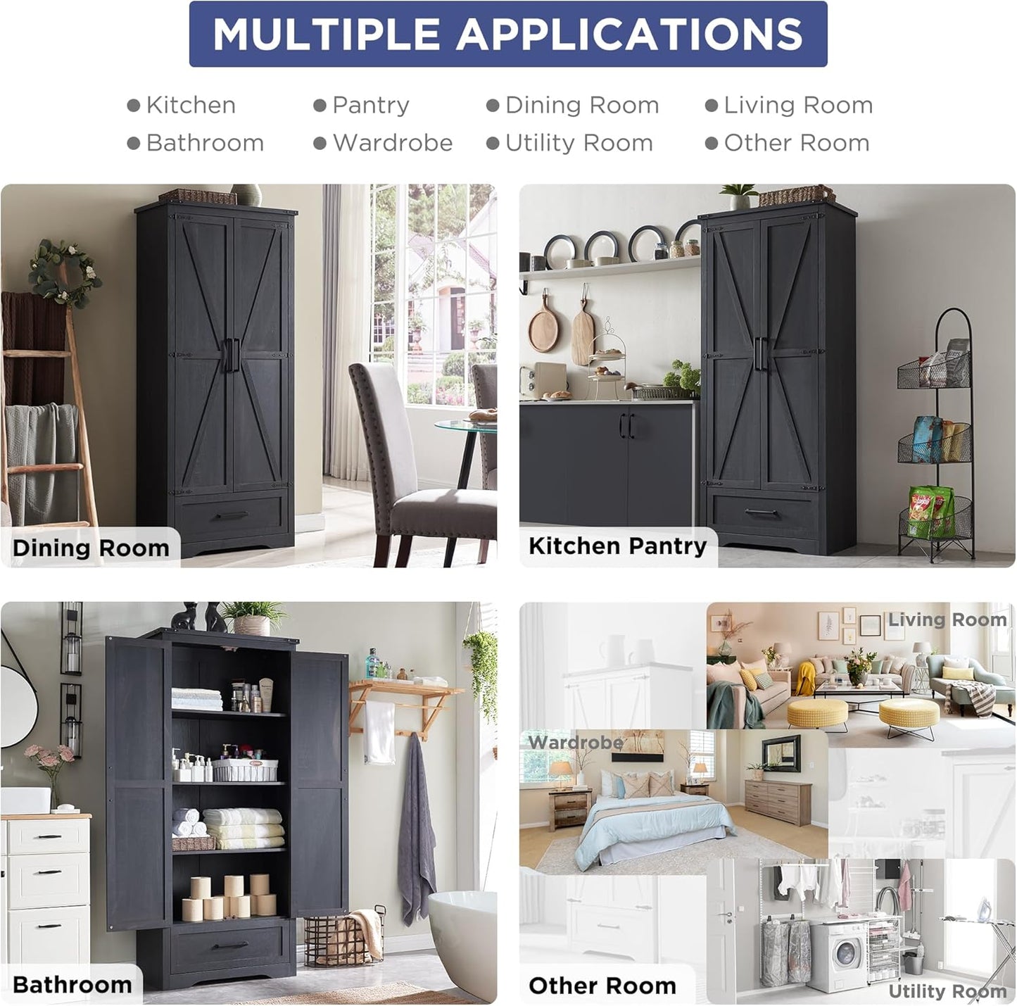Farmhouse Kitchen Pantry Cabinet - 72" Tall Large Wood Kitchen Storage Cabinets with Adjustable