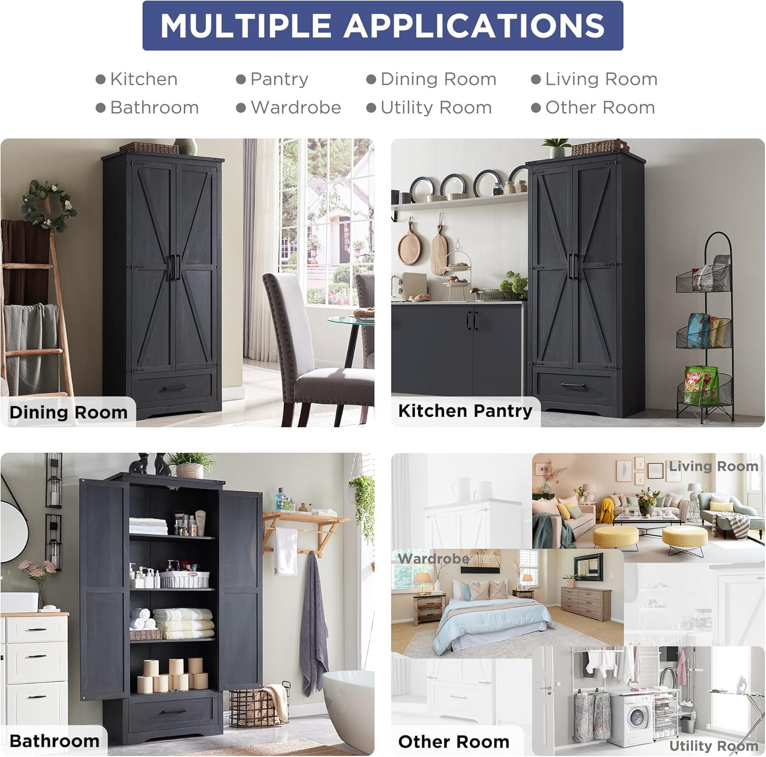 Farmhouse Kitchen Pantry Cabinet - 72" Tall Large Wood Kitchen Storage Cabinets with Adjustable