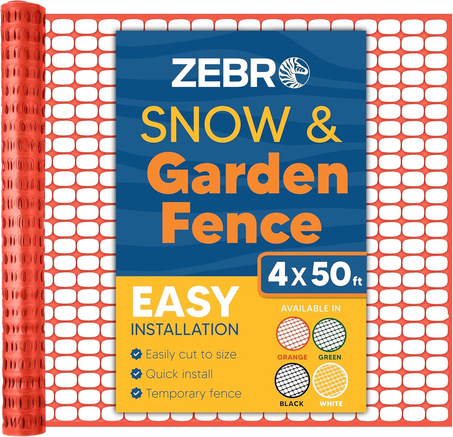 ZEBRO 4' x 50' Orange Plastic Garden Fence Roll – Standard Duty Safety Netting for Snow, Poultry