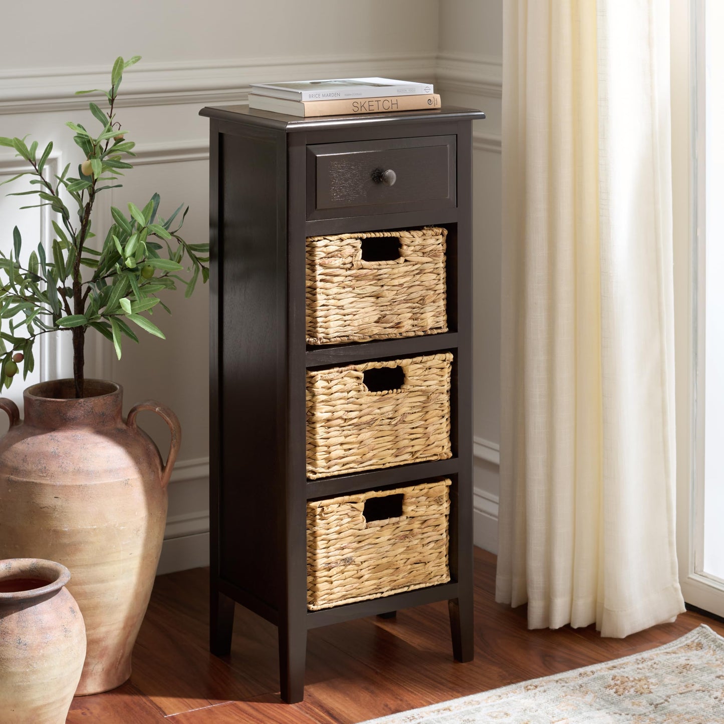 SAFAVIEH Furniture - Michaela 1-Drawer Storage Unit - Black - Solid Wood - Farmhouse Basket Tower