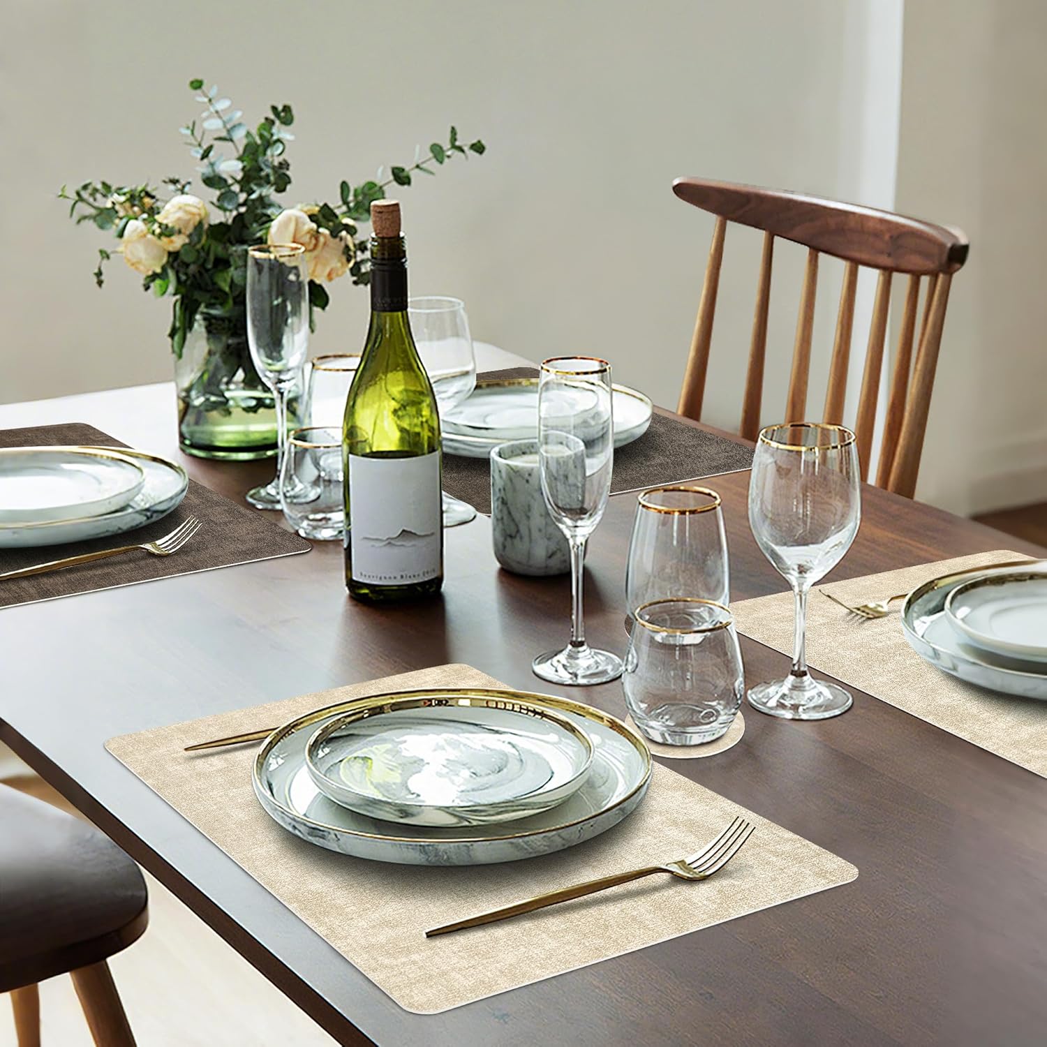 Faux Leather Dual Sided Placemats Set of 6, Square Non-Slip Heat Resistant Placemats with Coaster