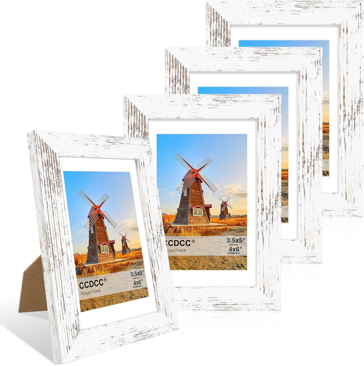 4x6 Picture Frame Set of 4, 4 x 6 Wood Photo Frames with Mat for 3.5x5, Rustic Natural Wooden Frame