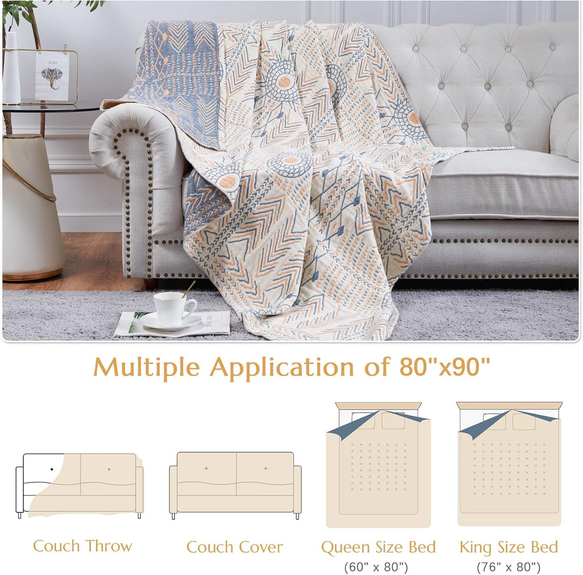 jinchan Boho 100% Cotton Muslin Queen Size 80x90 Throw Blanket Lightweight 4-Layer Orange