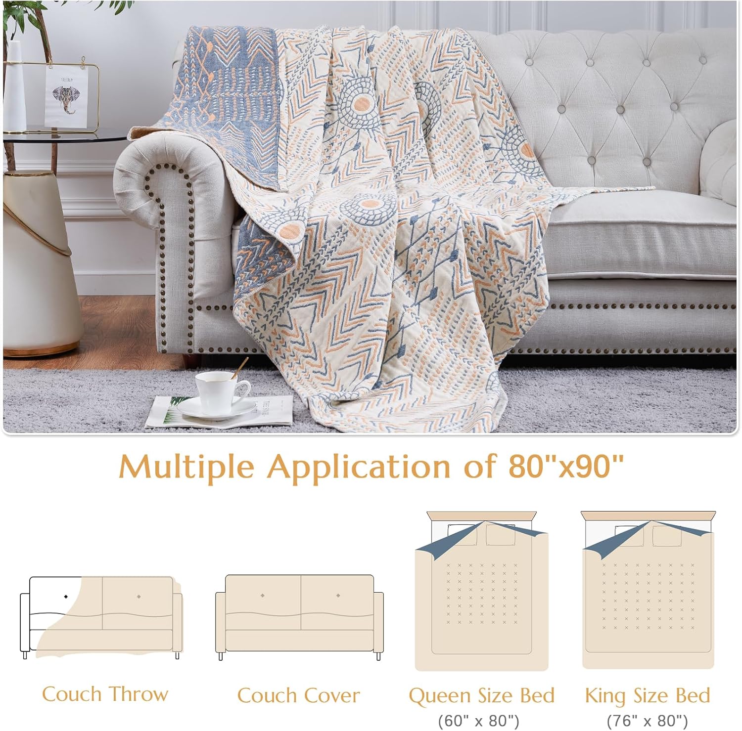 jinchan Boho 100% Cotton Muslin Queen Size 80x90 Throw Blanket Lightweight 4-Layer Orange