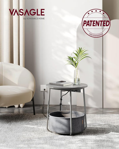 VASAGLE Side Table with Charging Station, Round End Table with Fabric Basket, Nightstand with Power
