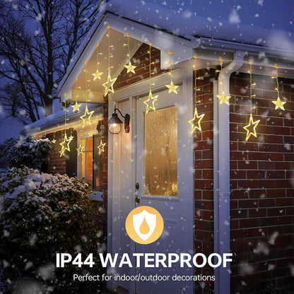 126L Warm White Star Icicle Lights, 8.2FT Clear Curtain Fairy String with Connectable, Timer 8