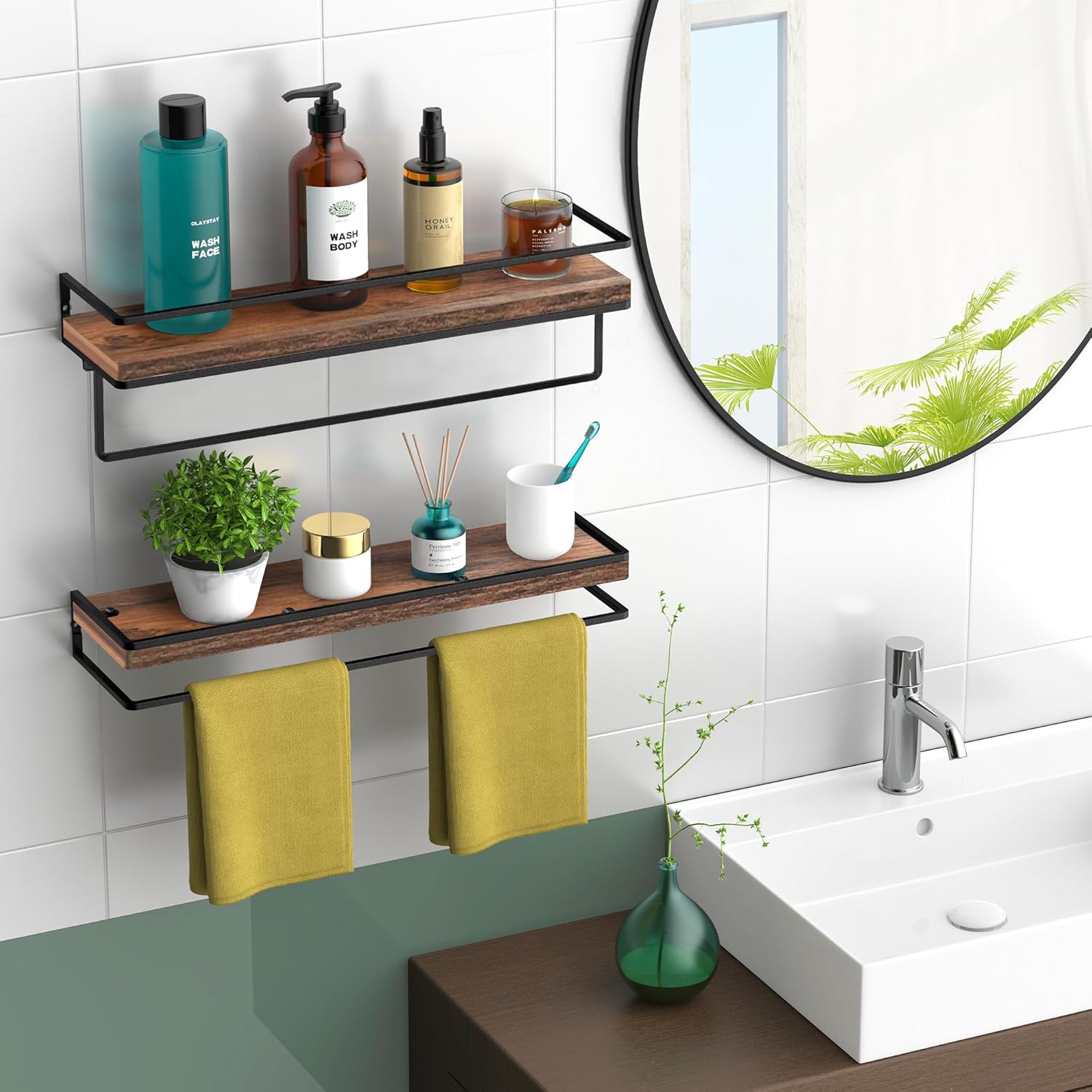 Meangood Floating Shelves Wall Mounted Set of 2, Wall Shelf with Towel Bar Rustic Wood Wall Storage