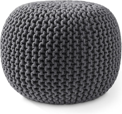 Casafield Round Pouf Ottoman, Dark Gray - 20" Diameter x 14.5" High Cotton Knit Foot Stool - Boho