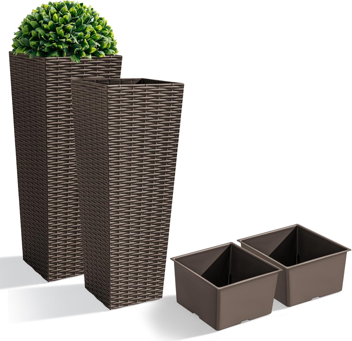 JUMMICO Set of 2 Resin Rattan Tall Planters for Outdoor Plants, Large Tapered Planters with