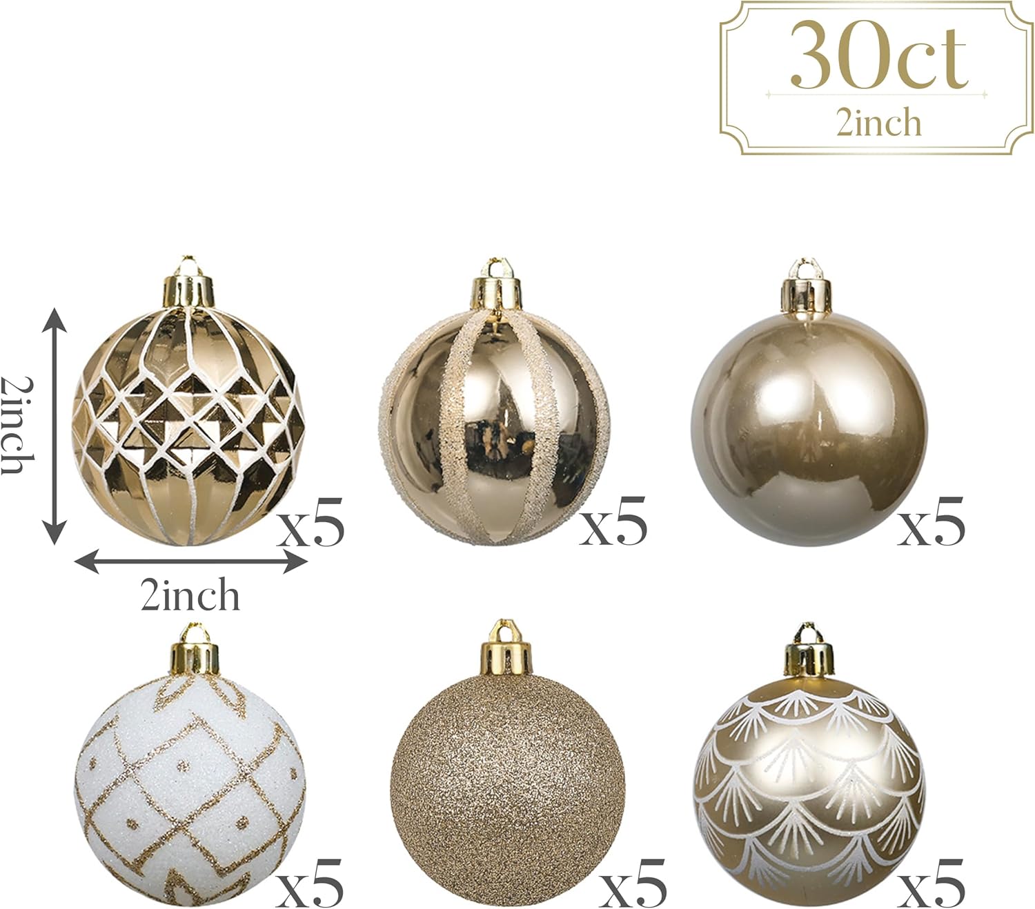 Valery Madelyn Christmas Ornaments Set, 30ct 2 Inches White and Gold Shatterproof Christmas Tree