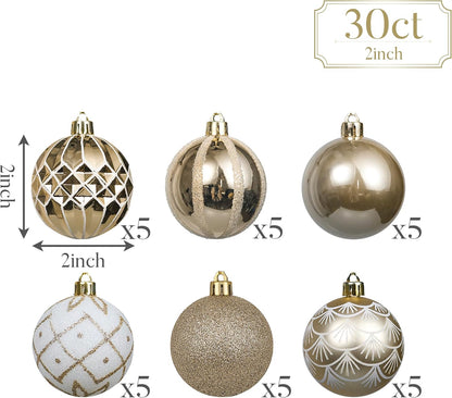 Valery Madelyn Christmas Ornaments Set, 30ct 2 Inches White and Gold Shatterproof Christmas Tree