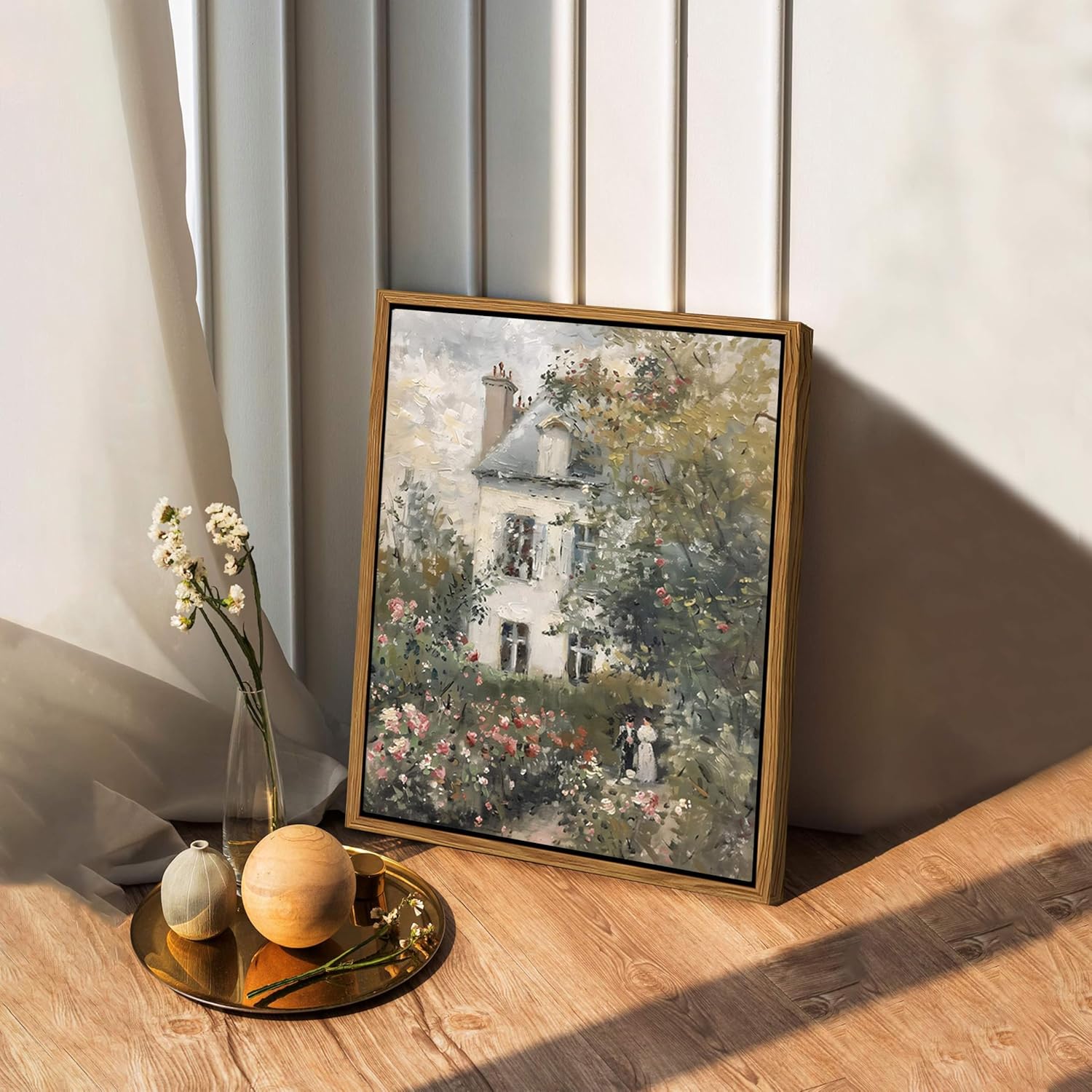 Floating Framed Canvas Vintage Wall Art, Neutral English Cottage Rose Garden Oil Paintings Print