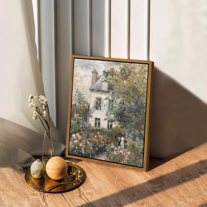 Floating Framed Canvas Vintage Wall Art, Neutral English Cottage Rose Garden Oil Paintings Print