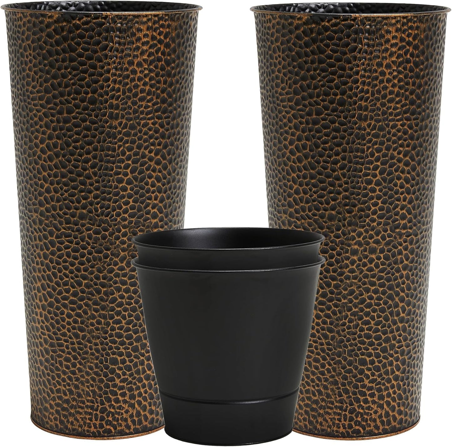 Worth Garden 2-Pack 28" H. Metal Planters with 2X Inside Pots - Hand-Hammered Texture Tall Narrow