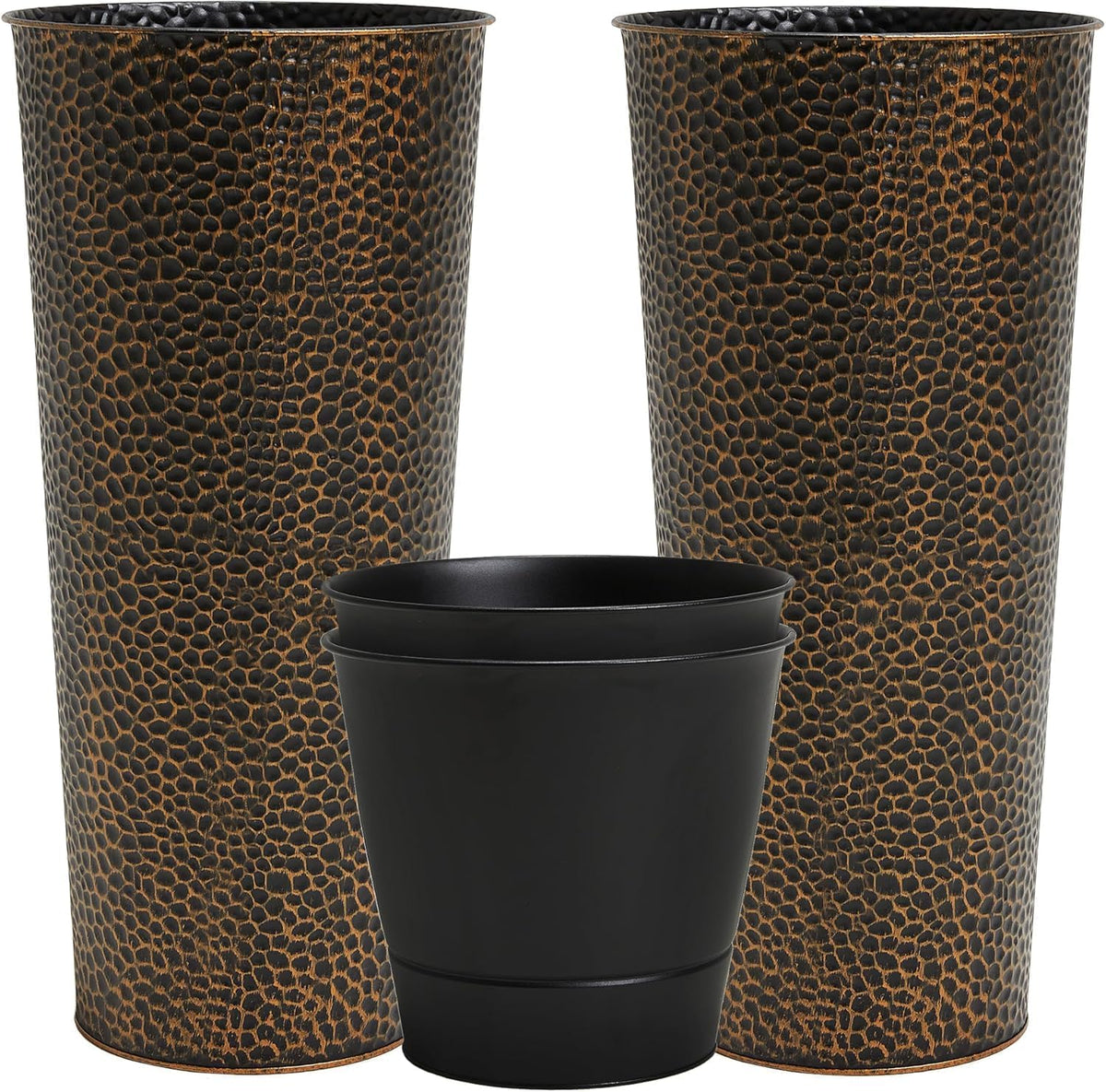 Worth Garden 2-Pack 28" H. Metal Planters with 2X Inside Pots - Hand-Hammered Texture Tall Narrow