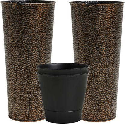 Worth Garden 2-Pack 28" H. Metal Planters with 2X Inside Pots - Hand-Hammered Texture Tall Narrow