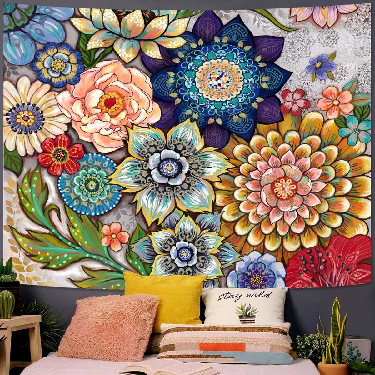 Neasow Colorful Floral Tapestry Wall hanging, Bright Boho Fabric Blossom Tapestries, Multi Color