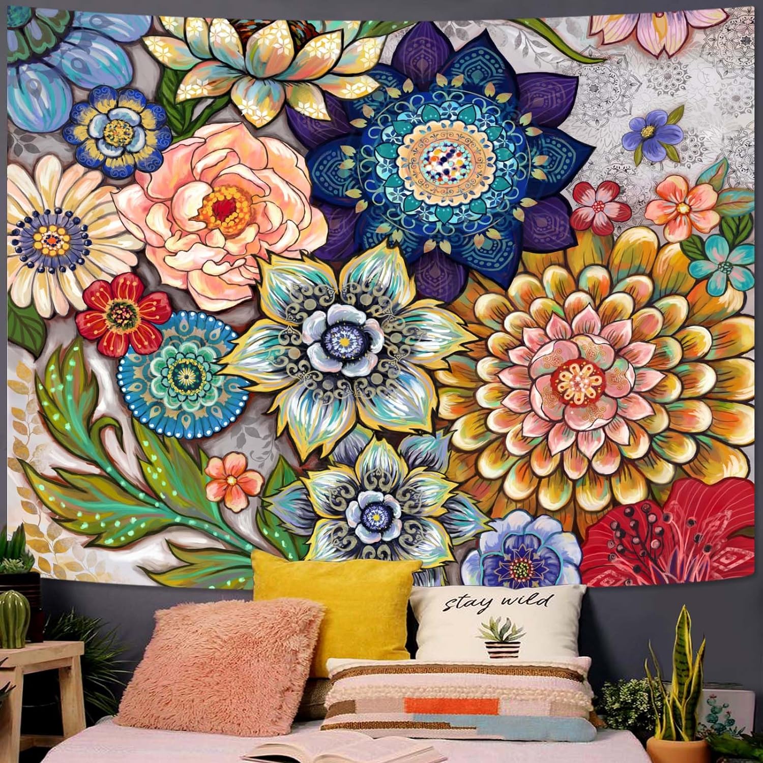 Neasow Colorful Floral Tapestry Wall hanging, Bright Boho Fabric Blossom Tapestries, Multi Color