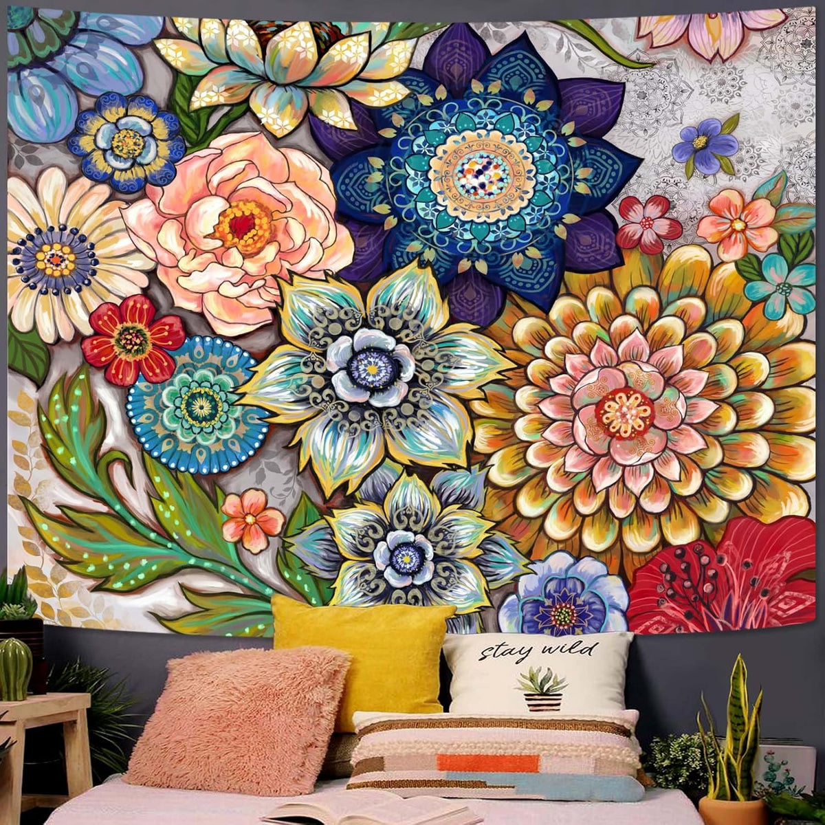 Neasow Colorful Floral Tapestry Wall hanging, Bright Boho Fabric Blossom Tapestries, Multi Color