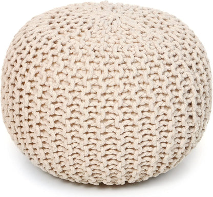 REDEARTH Round Pouf Ottoman –18"x18"x14" Hand-Knitted Cotton Pouffe –Cable Footstool –Boho Dori