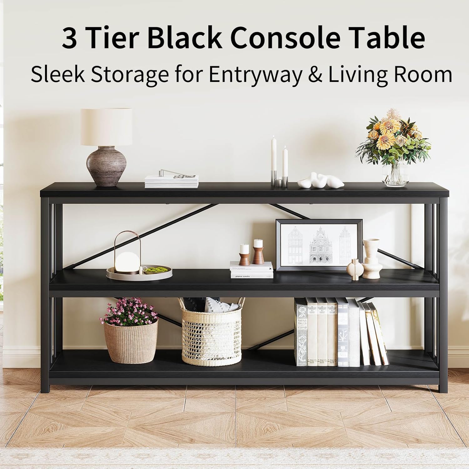 LVB Black Entryway Table, Modern Extra Long Sofa Console Table, Metal Wood Narrow Hallway Table