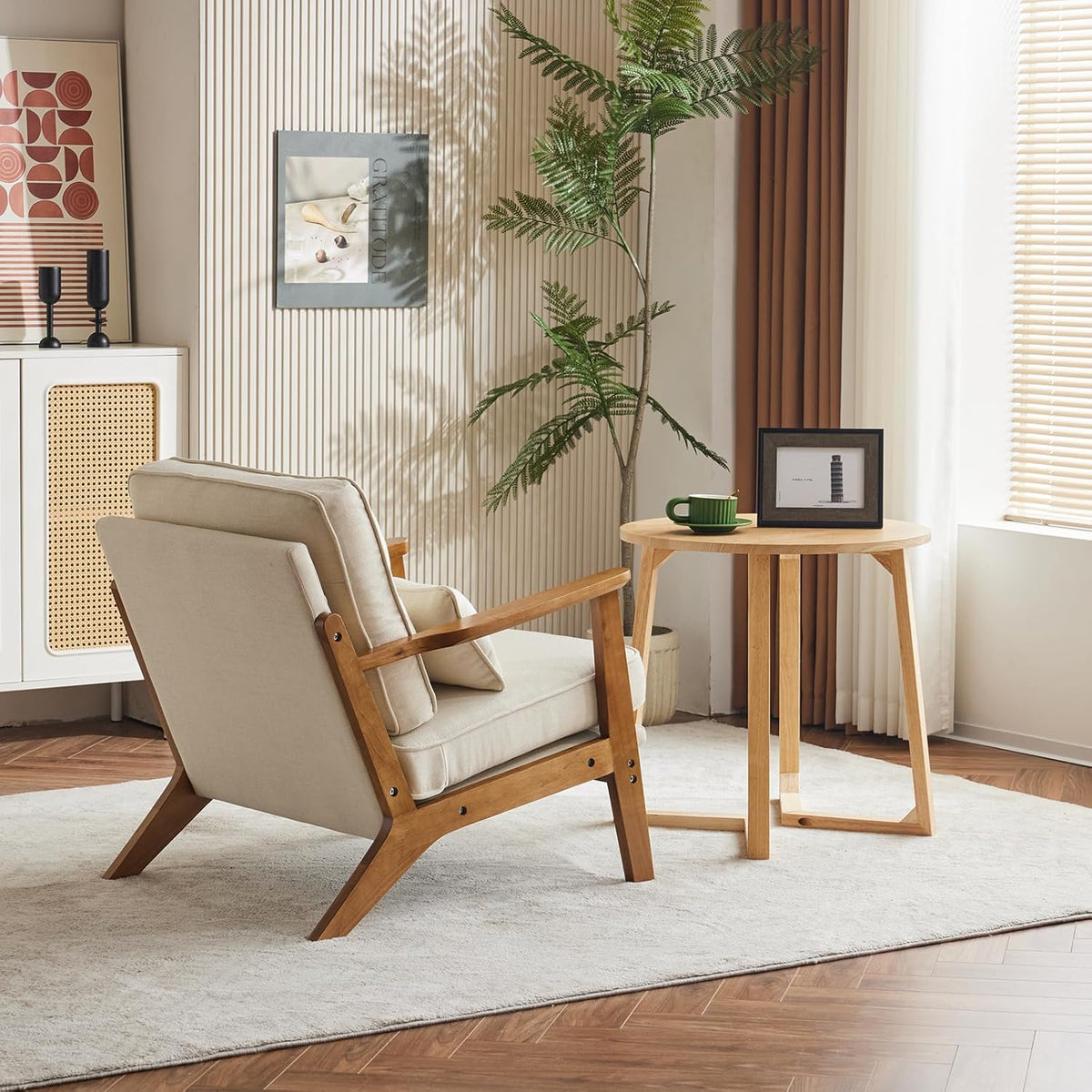 Karl home Accent Chair Wide Armrest Mid-Century Lounge Chair Linen Fabric Armchair with Lumbar