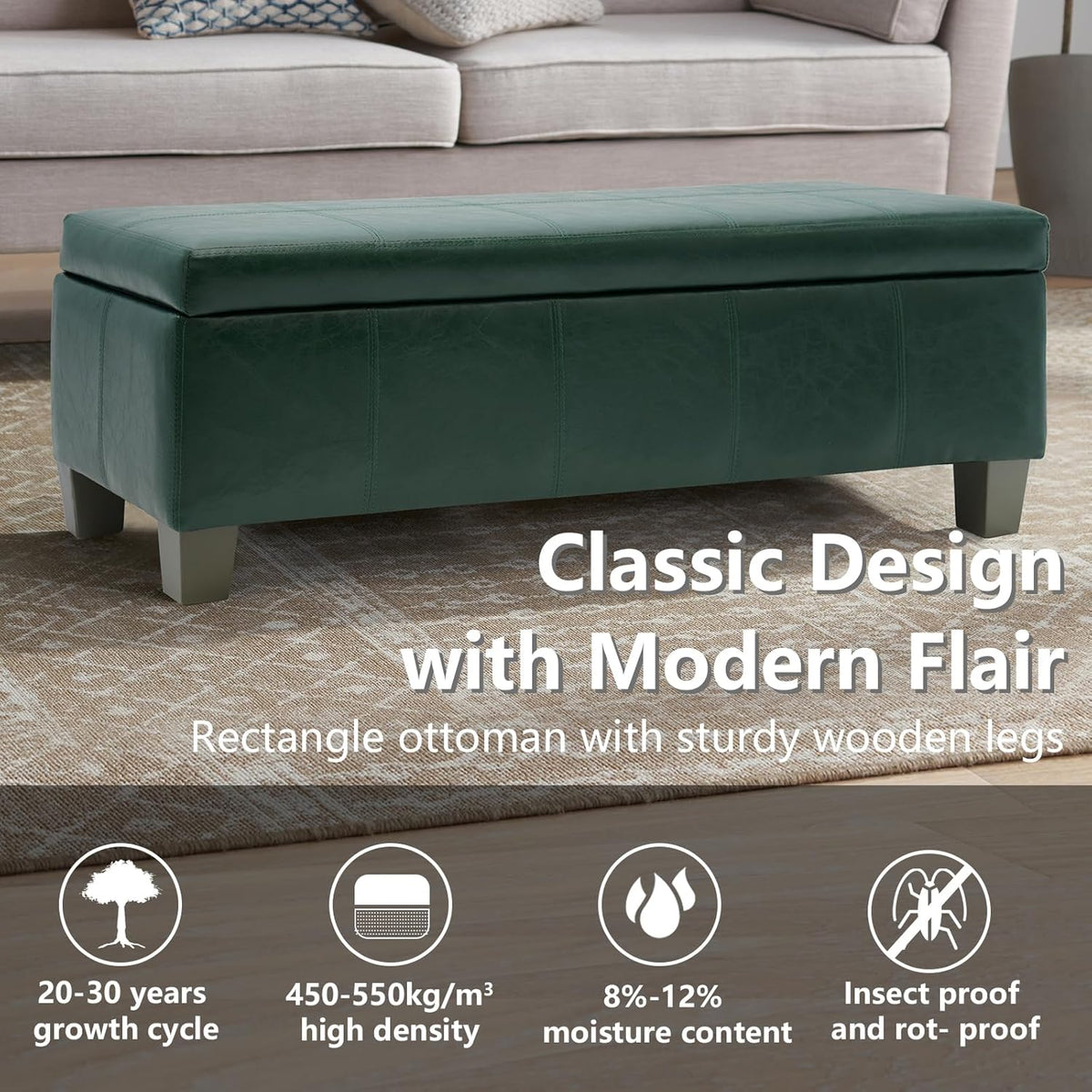 Green Faux Leather Ottoman with Storage, Rectangular Extra Long Storage Bench for Bedroom and