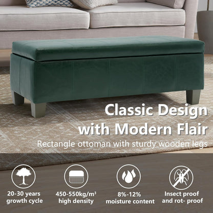 Green Faux Leather Ottoman with Storage, Rectangular Extra Long Storage Bench for Bedroom and