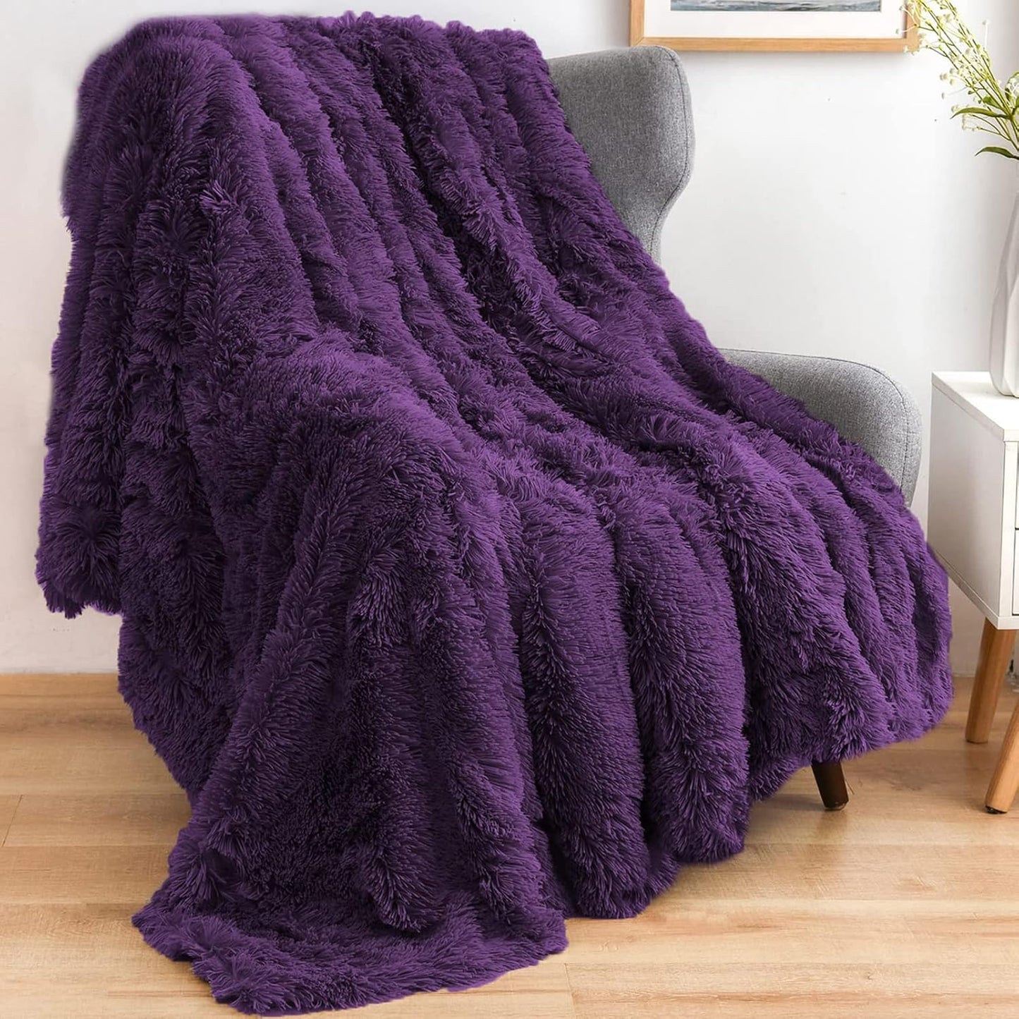 GONAAP Fuzzy Faux Fur Throw Blanket Purple Super Soft Cozy Plush Fuzzy Shaggy Blanket for Couch