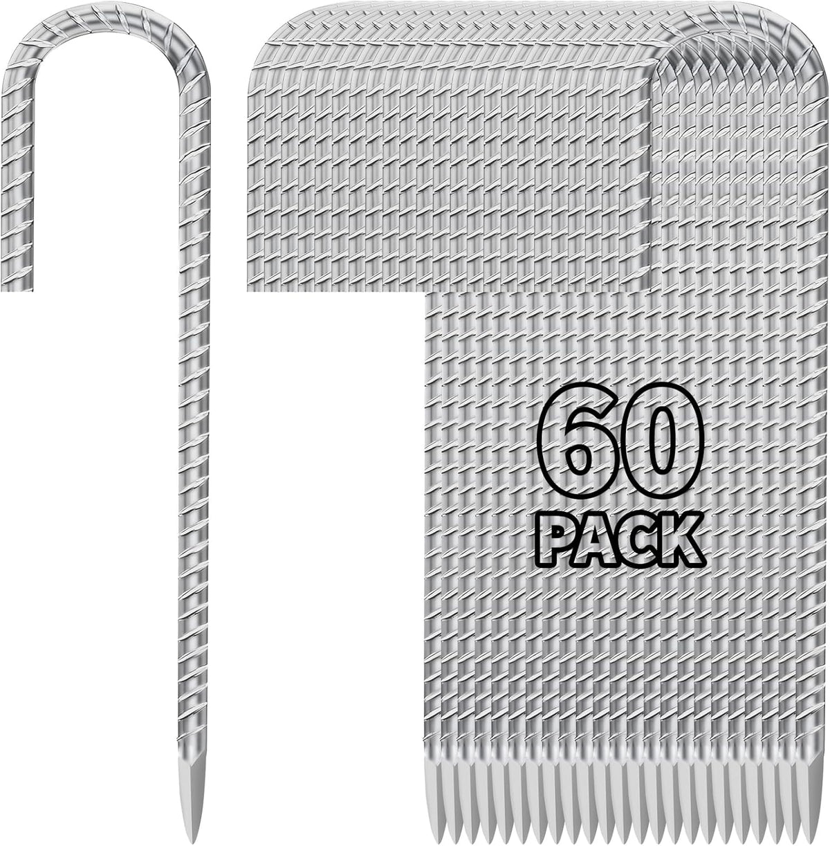 12 Inch Ground Stakes Heavy Duty J Hook 60-Pack Metal Spikes Galvanized Ground Hooks Anchors Rebar