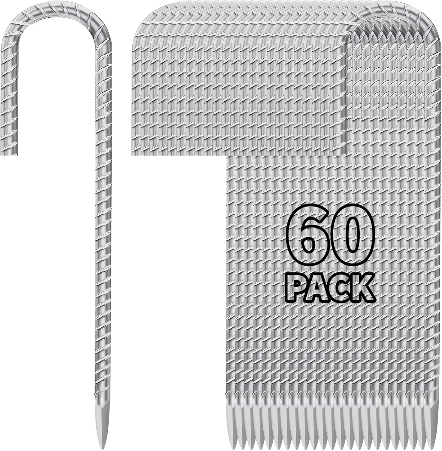 12 Inch Ground Stakes Heavy Duty J Hook 60-Pack Metal Spikes Galvanized Ground Hooks Anchors Rebar