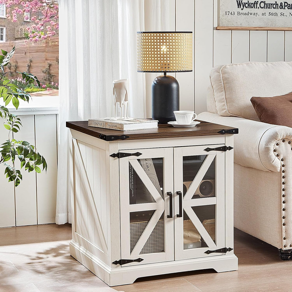 24" End Table Set of 2 with Charging Station, Farmhouse Night Stand with Glass Barn Door