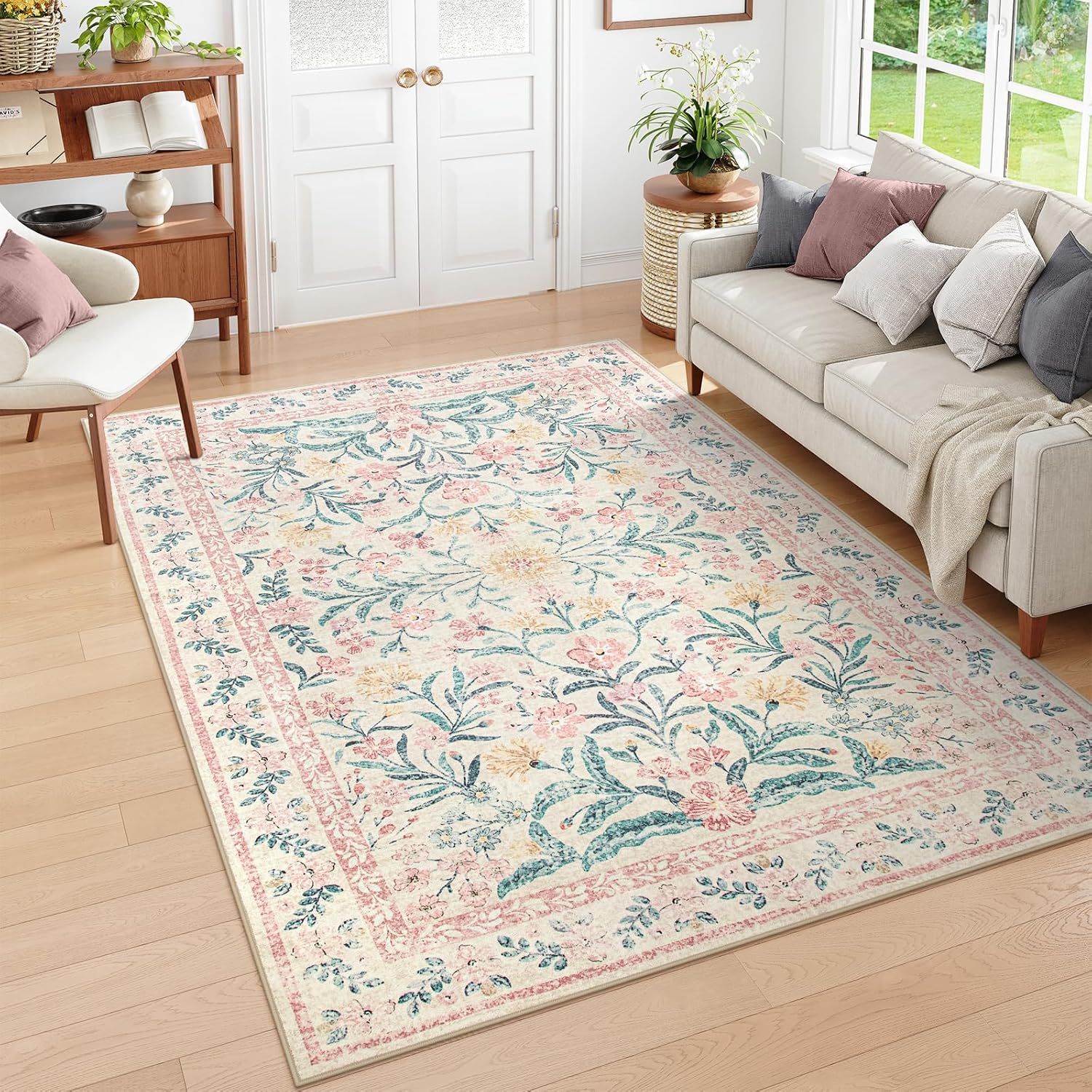 Wonnitar Washable Area Rug 6x9, Pink Floral Rugs for Bedroom Girls Soft Living Room Carpet