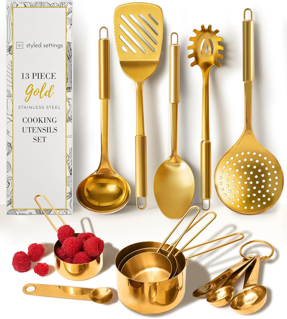 Gold Cooking Utensils with Measuring Cups and Spoons Set - 13-Piece Luxury Gold Kitchen Accessories