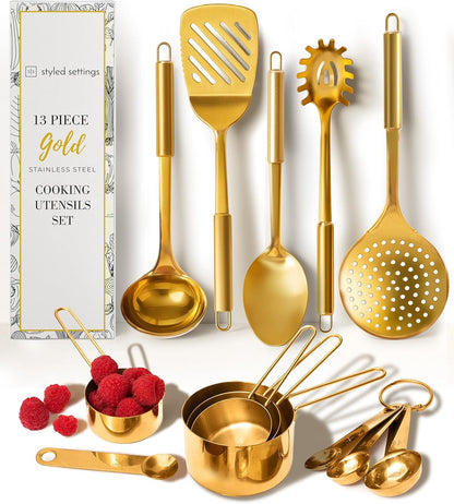 Gold Cooking Utensils with Measuring Cups and Spoons Set - 13-Piece Luxury Gold Kitchen Accessories