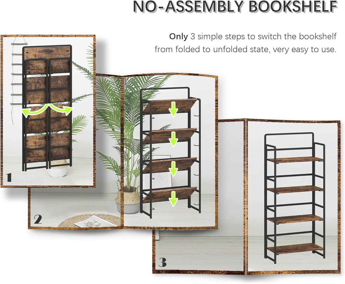4NM No Assembly Foldable Bookshelf, 4-Shelf Collapsible Bookcase Storage for Small Spaces, 54" H