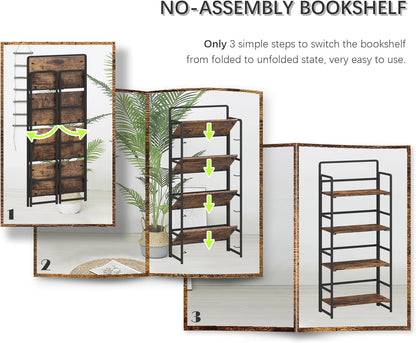 4NM No Assembly Foldable Bookshelf, 4-Shelf Collapsible Bookcase Storage for Small Spaces, 54" H