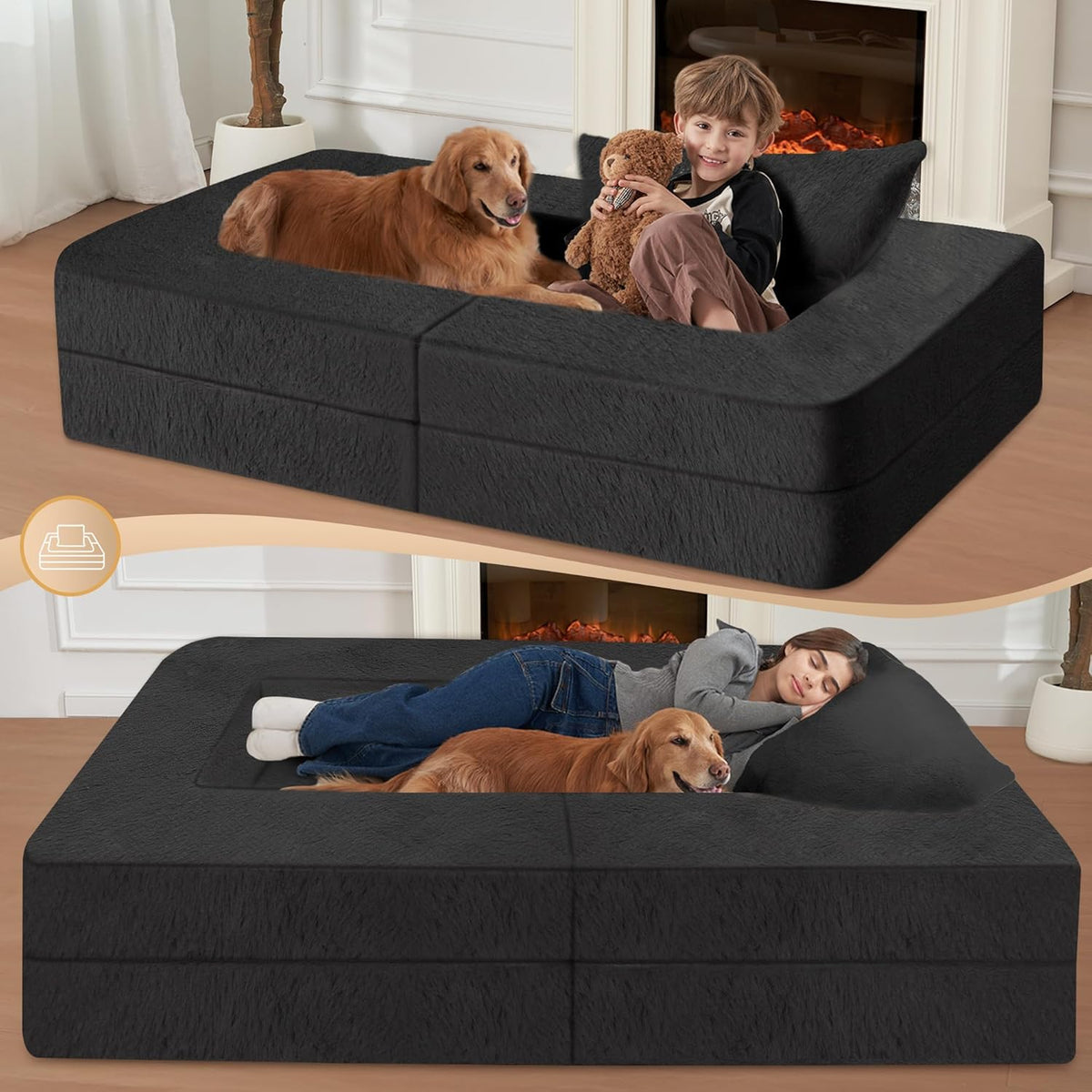 Folding Bean Bag Chair for Adults,3-in-1 Bean Bag Couch Faux Fur Floor Sofa Large Beanbag