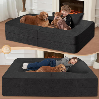 Folding Bean Bag Chair for Adults,3-in-1 Bean Bag Couch Faux Fur Floor Sofa Large Beanbag
