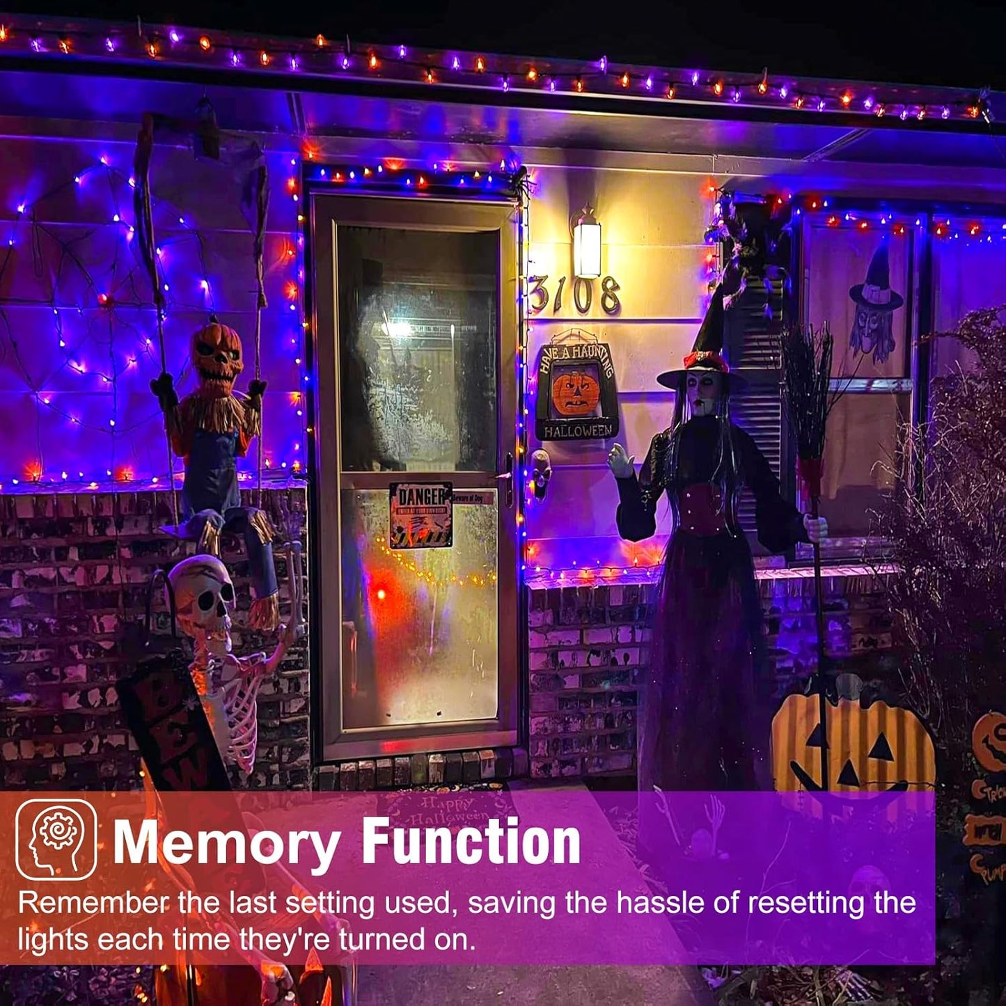 Purple Orange Halloween Lights Outdoor, 66FT 200 LED String Lights for Outside with 8 Modes