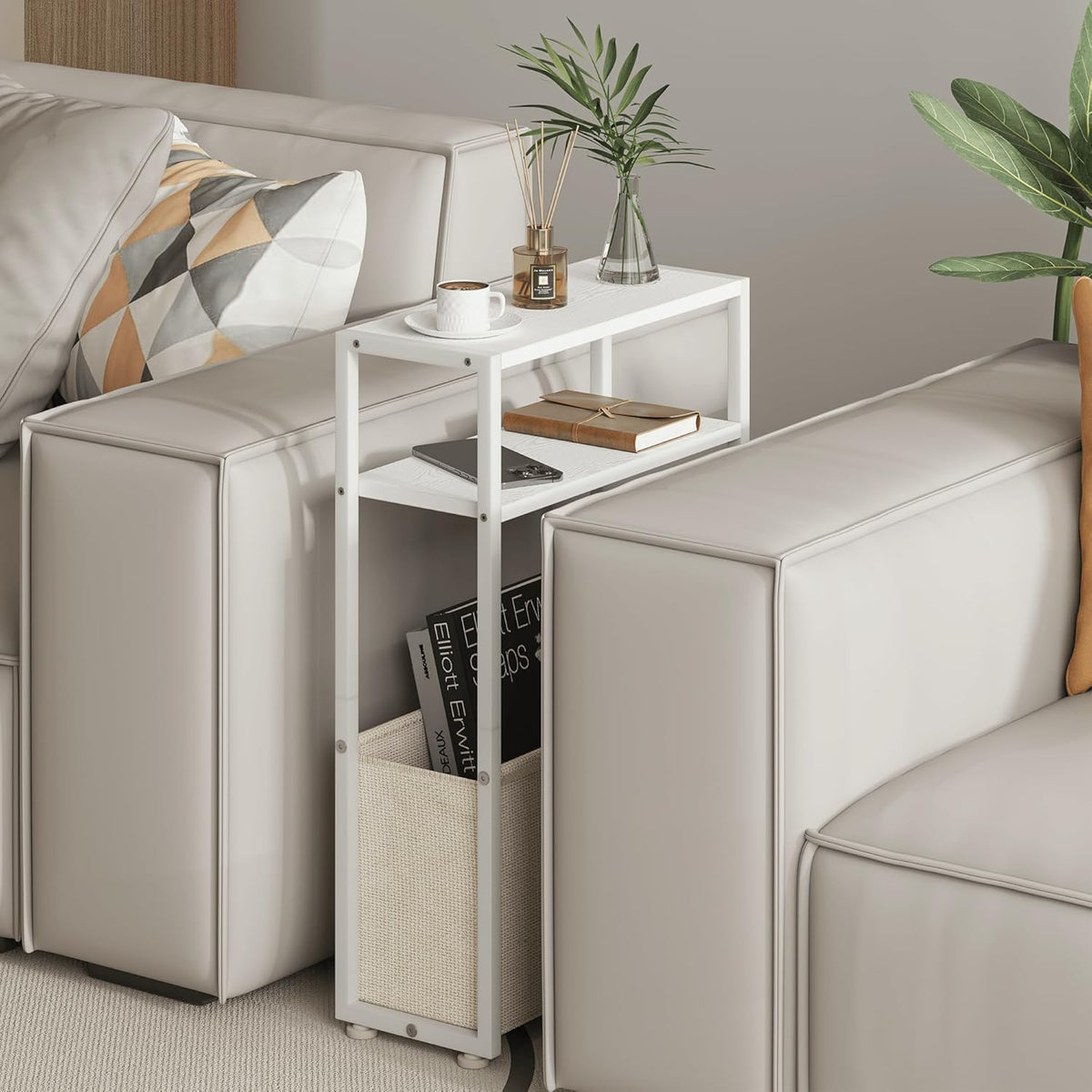 Narrow Side Table, Slim End Tables with Fabric Basket, Skinny Table for Small Spaces, Thin Bedside