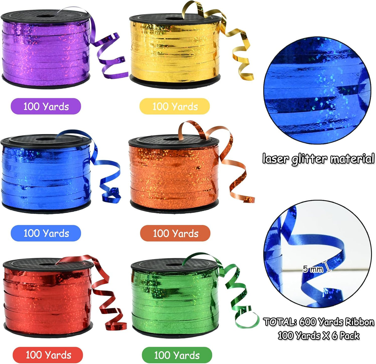 BEISHIDA 6 Assorted Colors Curling Ribbons Balloon String Ribbons - Rainbow Balloons 6 Rolls for