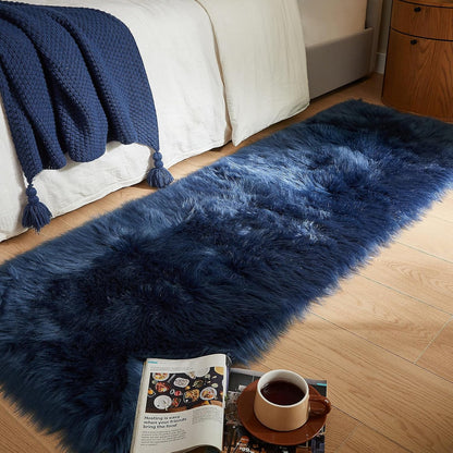 AMTOVO Faux Fur Rug, Dark Blue Ultra Soft Fluffy Shag Sheepskin Rug, 2 x 6 ft Runner Area Rugs for